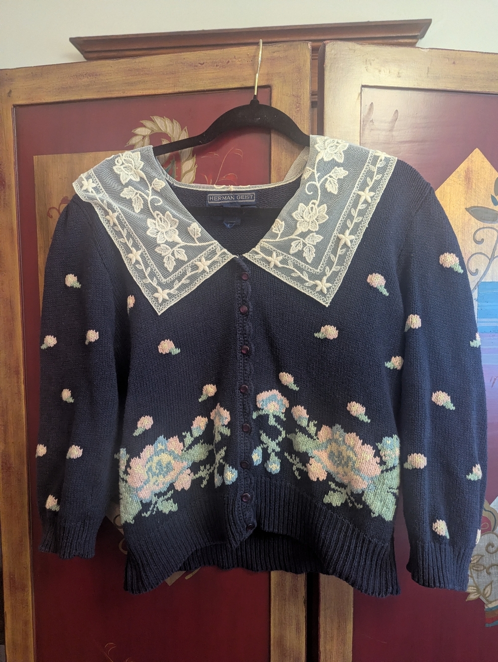 Vtg Herman Geist Navy Linen Sz M Cottagecore Cropped Cardigan Lace Coquette